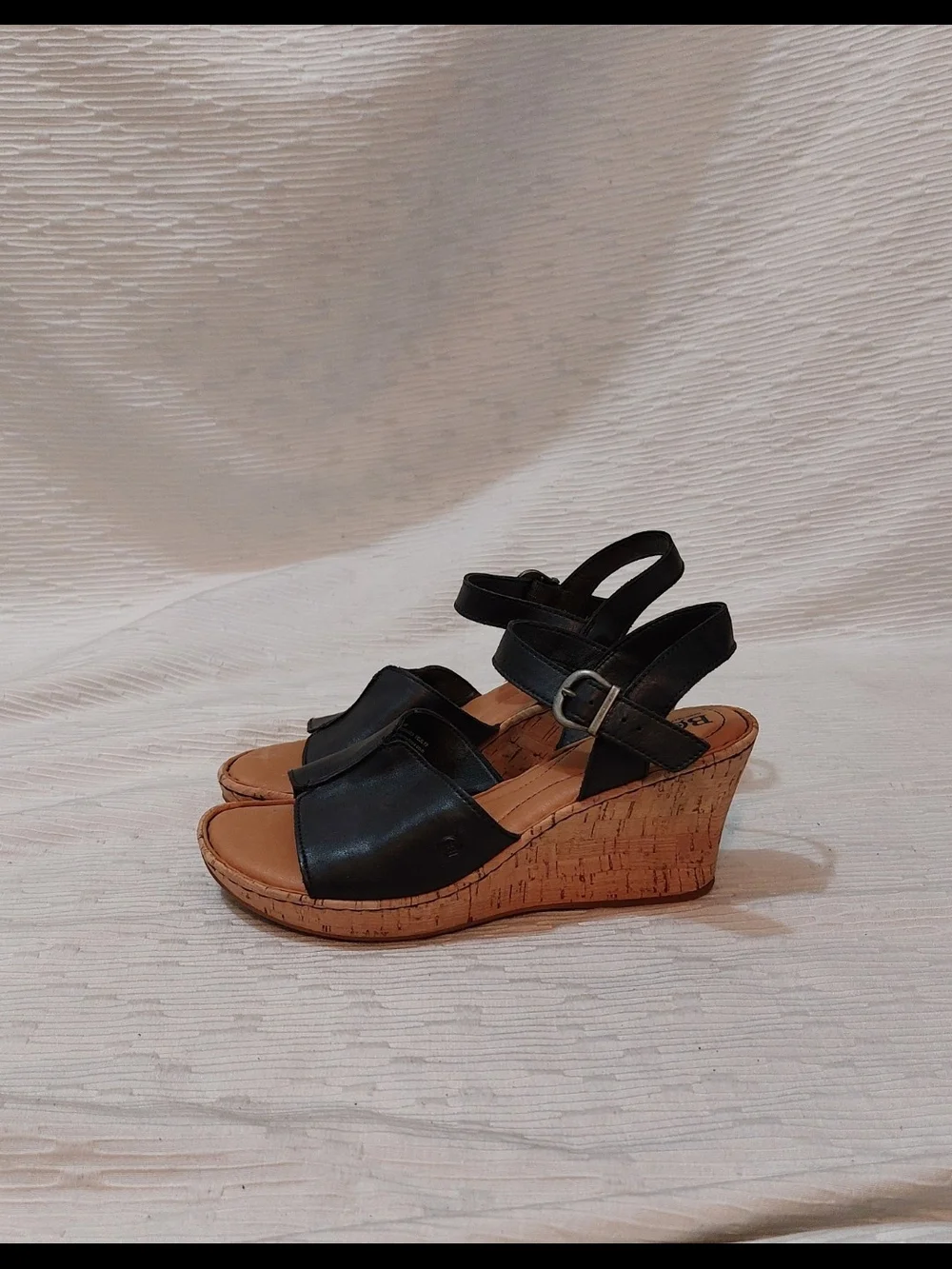 Born Black Leather Wedge Sandals with Cork Heel Women's Size 10M